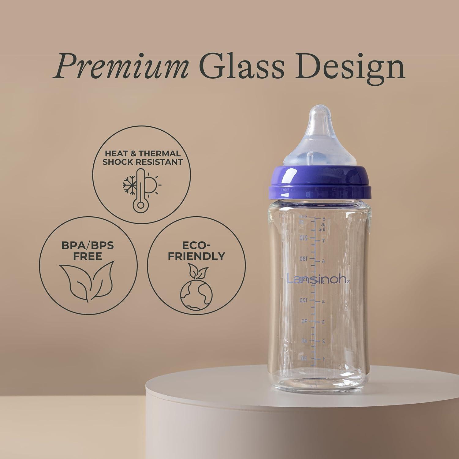 image:imageLansinoh AntiColic Glass Baby Bottles 5 Ounces 4 Count Includes 4 Extra Slow Flow Nipples Size XS Newborn Baby Essentials8 Ounce M Flow 4 Count