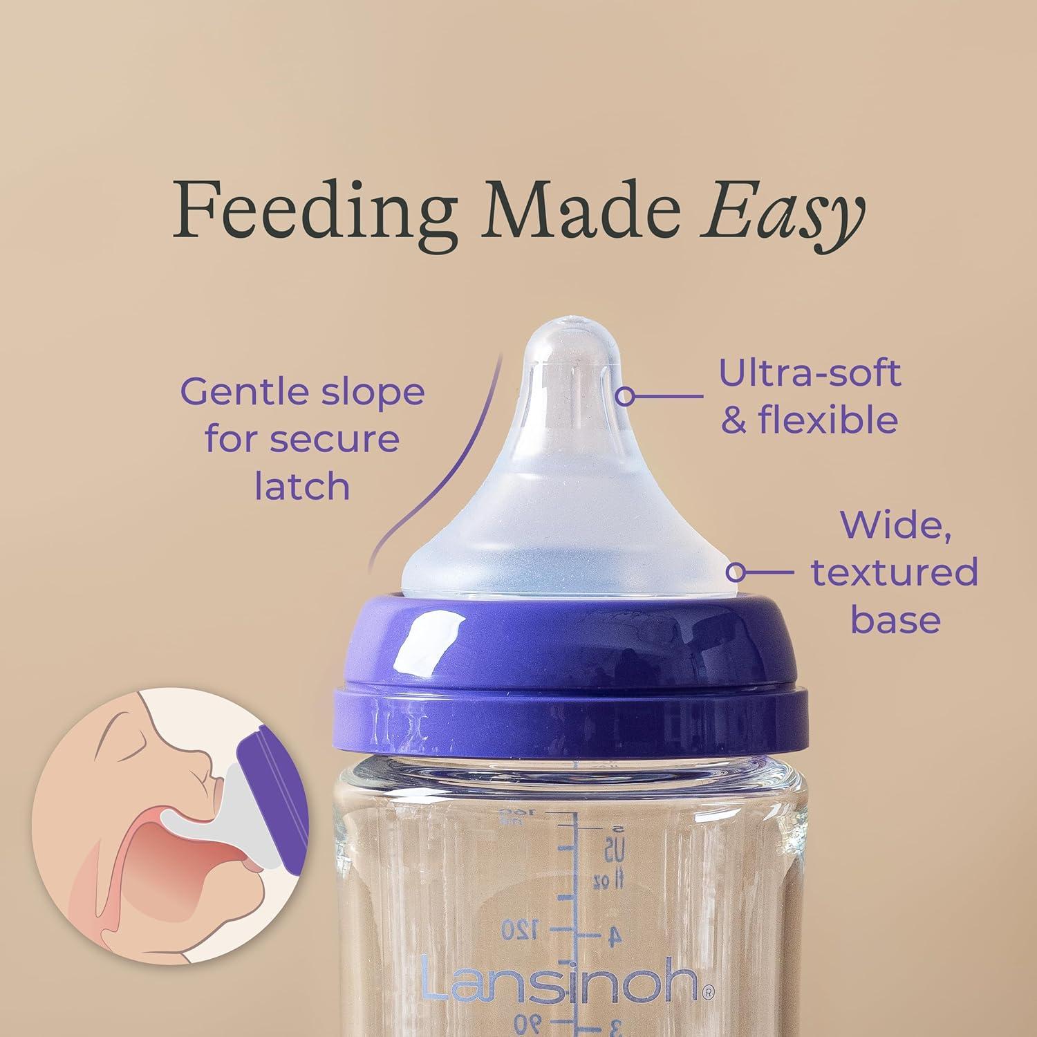 image:imageLansinoh AntiColic Glass Baby Bottles 5 Ounces 4 Count Includes 4 Extra Slow Flow Nipples Size XS Newborn Baby Essentials8 Ounce M Flow 4 Count