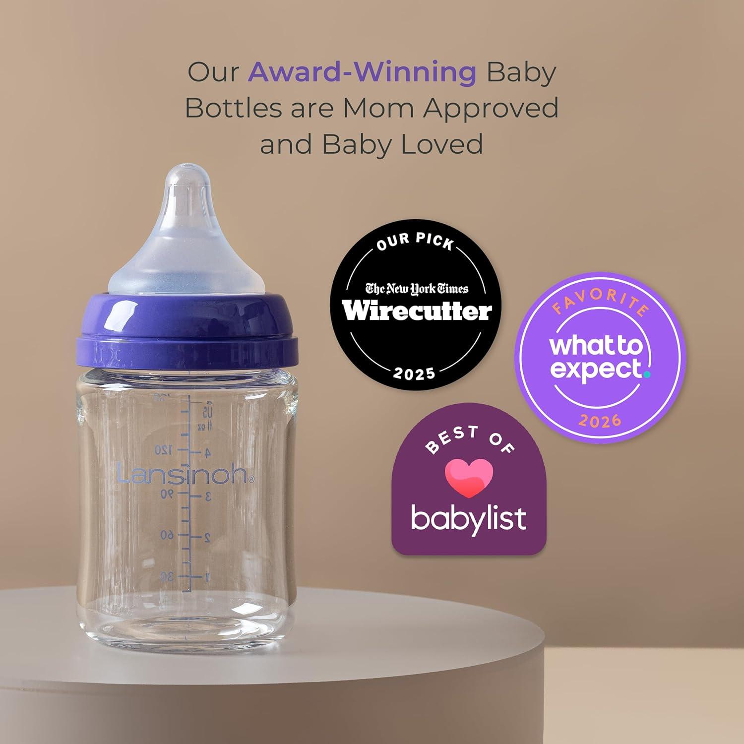 image:imageLansinoh AntiColic Glass Baby Bottles 5 Ounces 4 Count Includes 4 Extra Slow Flow Nipples Size XS Newborn Baby Essentials8 Ounce M Flow 4 Count