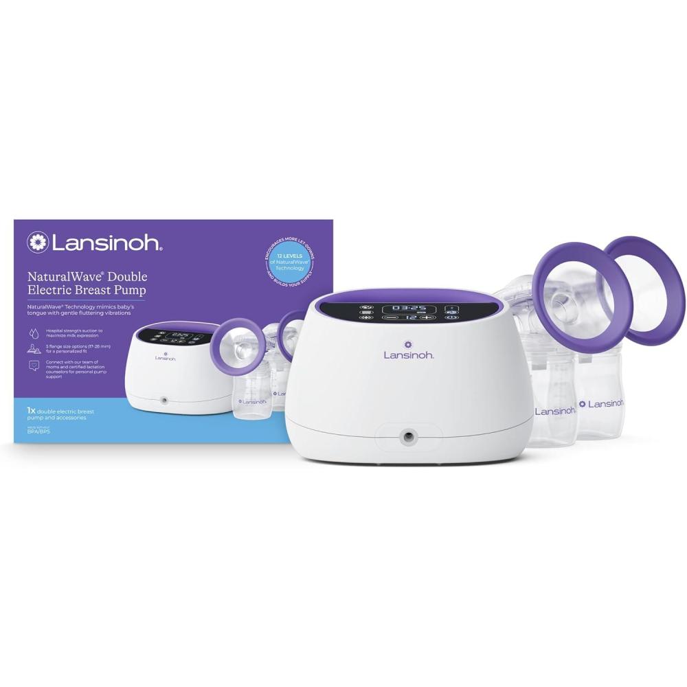 image:imageLansinoh NaturalWave Double Electric Breast Pump WhitePurple HospitalGrade Suction with 12 Levels 5 Flange Sizes amp BabyMimicking Motion Breastfeeding Essentials for Pumping Moms