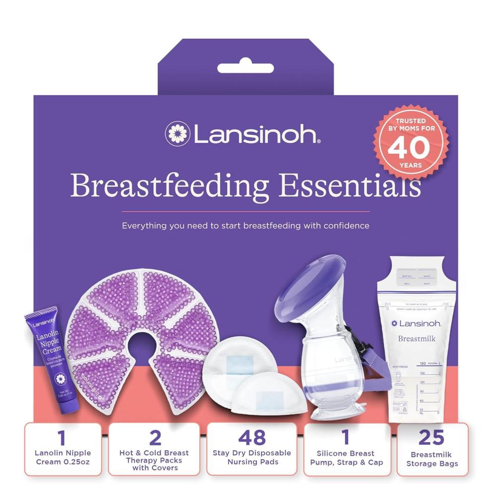 image:imageLansinoh Youve Got This Breastfeeding Essentials Kit for New Moms 77Piece Gift Set with Nursing Pads Breastmilk Storage Bags Nipple Cream Hot amp Cold Therapy Packs and Silicone Breast Pump77 Piece Set